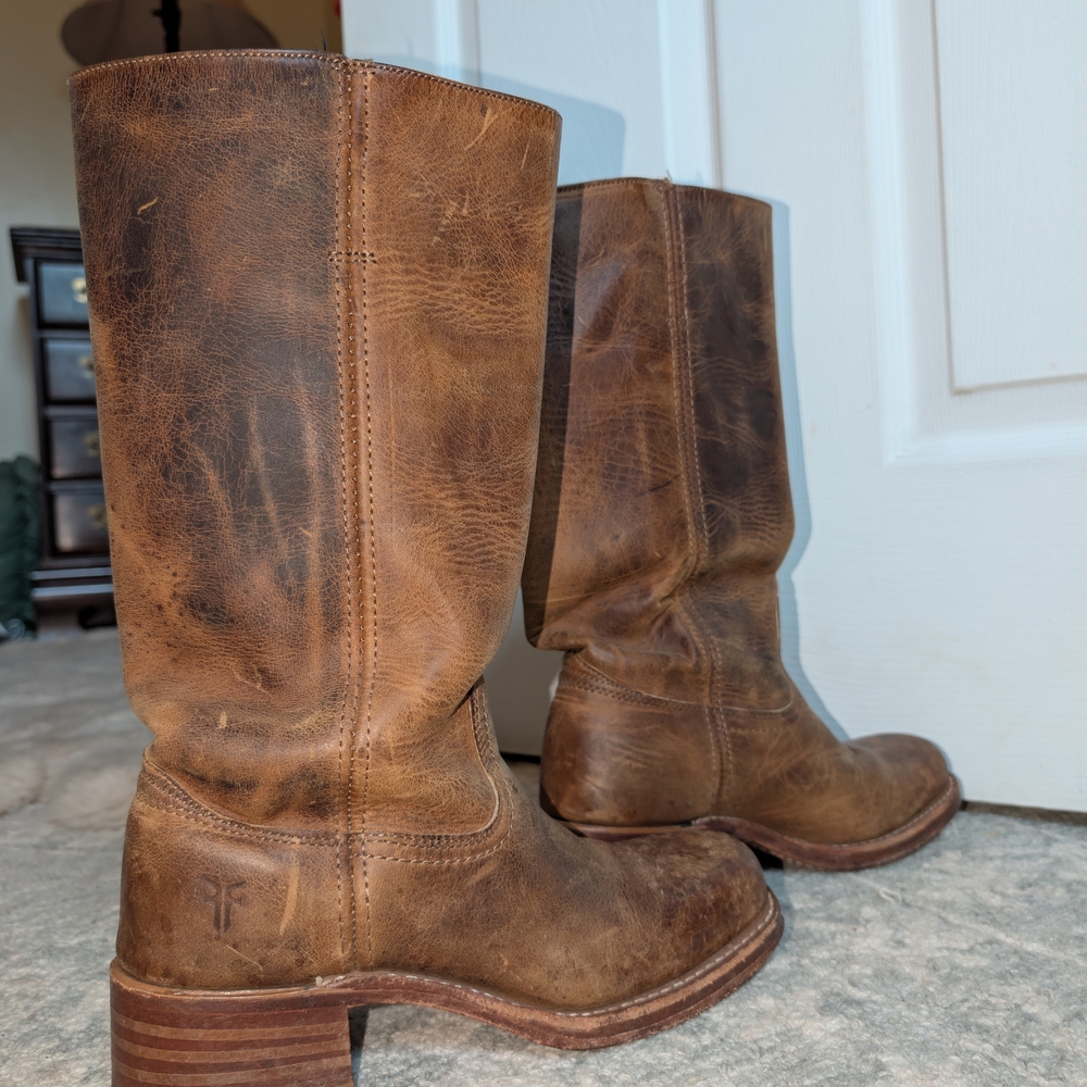 Vintage Frye Distressed Tan Leather Heeled Boots, Women's Size 9M